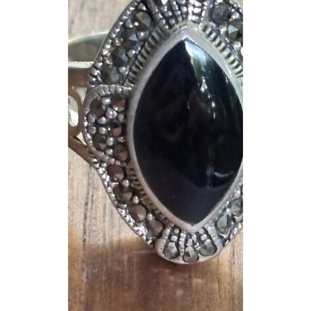 Vintage Black Onyx and Marcasite Ring 925 Sterling Silver 925 Sz 11 - Picture 2 of 7